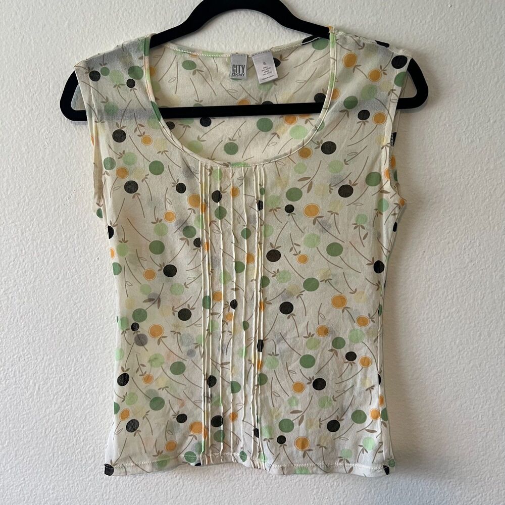DKNY City Sleeveless Blouse Size Small Cream Green Dot Print Pintuck Career Top